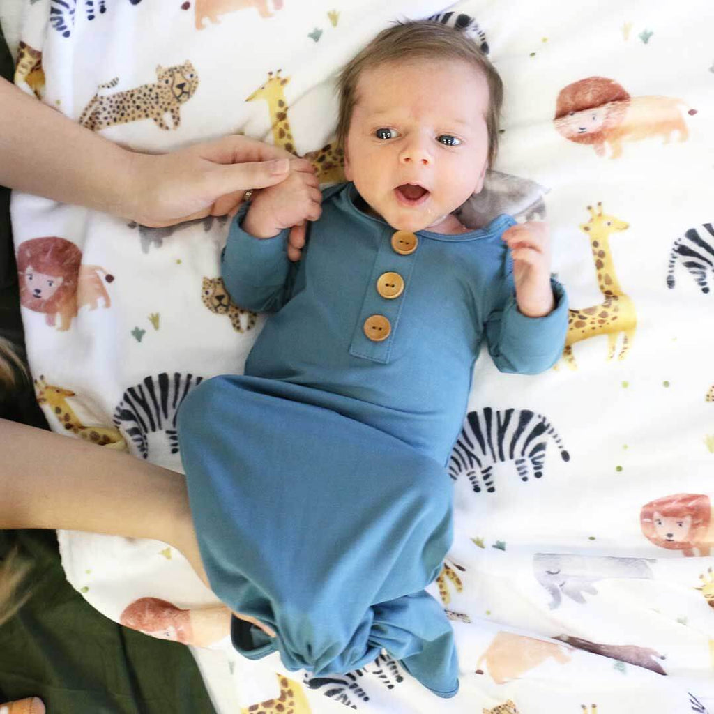 Solid Dusty Blue Bamboo Baby Knot Gown & Hat